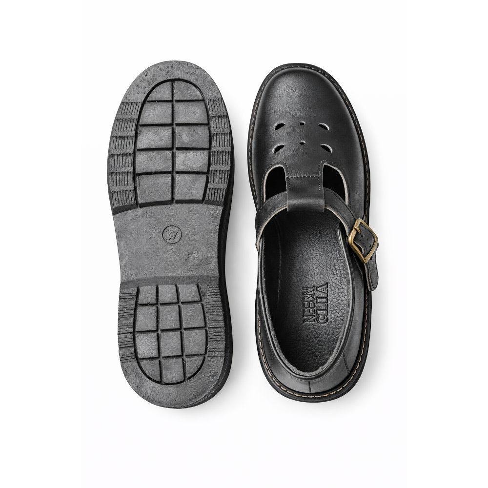 Black Leather School Shoes with Buckle Strap